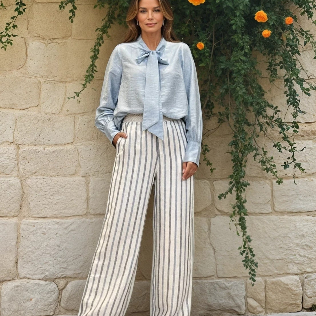 MARC LAUGE Ann Lin Stripe Pant LINEN 104 NAVY