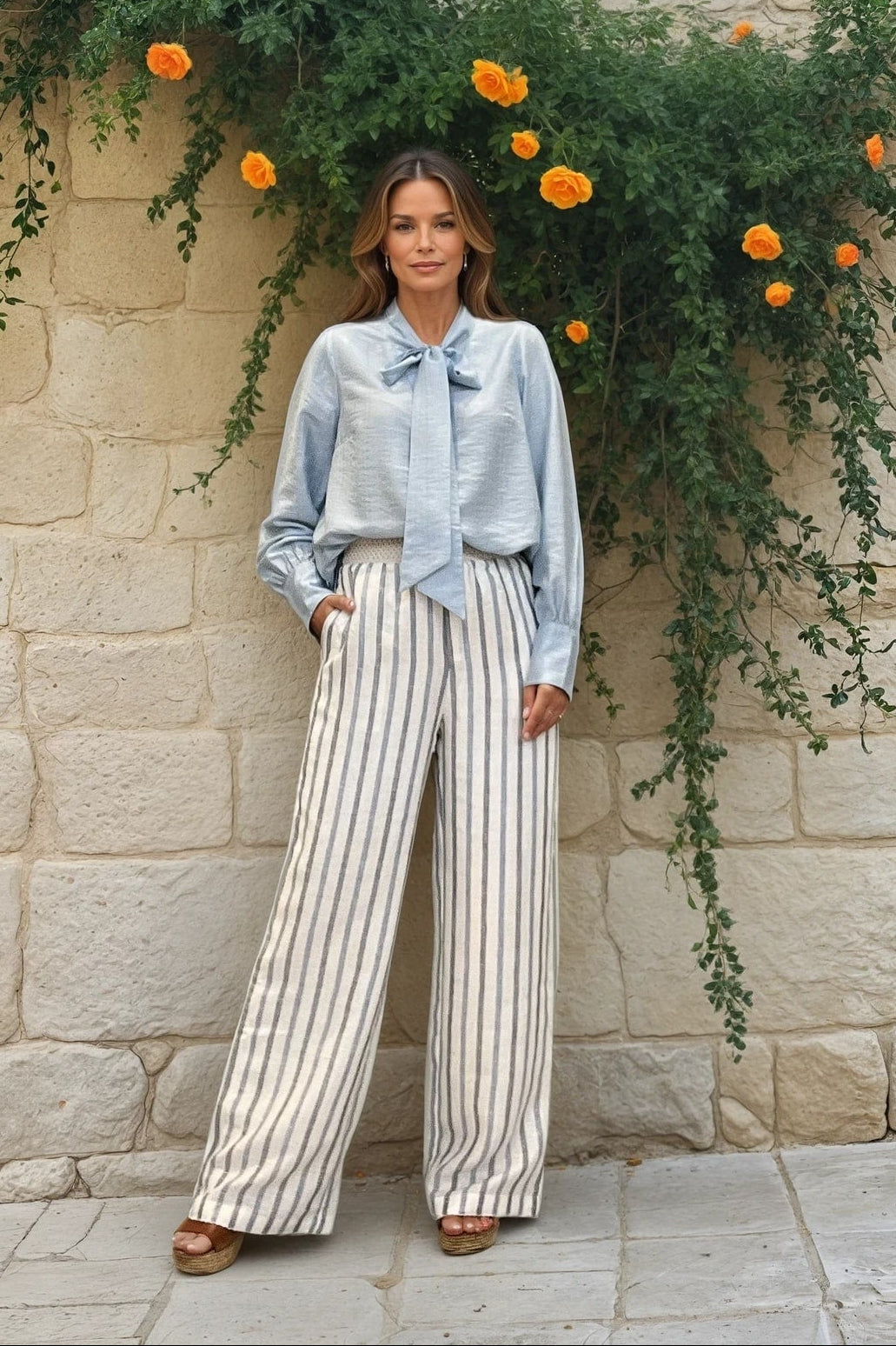 MARC LAUGE Ann Lin Stripe Pant LINEN 104 NAVY