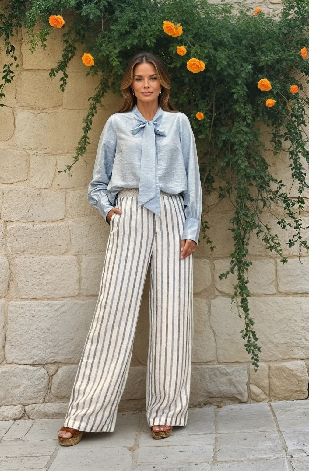 MARC LAUGE Ann Lin Stripe Pant LINEN 104 NAVY
