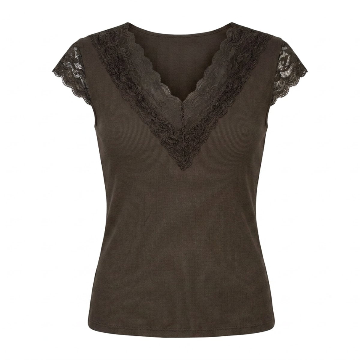 MOONDUST Moondust Lace V-Neck Cap | Feminine Lace Trim Top TOP/T-SHIRT 129 CHOCOLATE