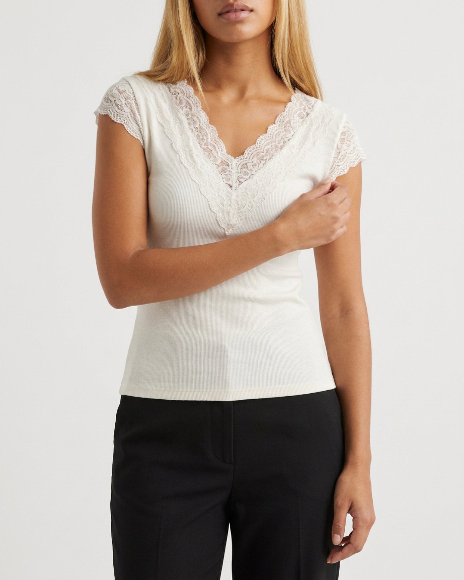 MOONDUST Moondust Lace V-Neck Cap | Feminine Lace Trim Top TOP/T-SHIRT 20 OFF WHITE