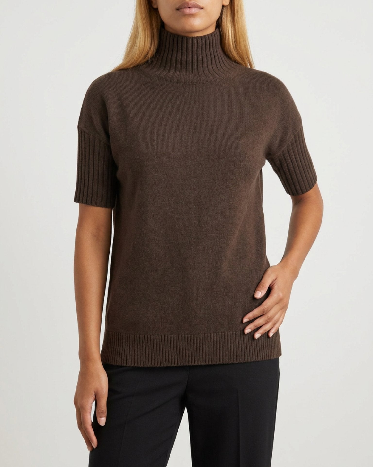 MOONDUST Moondust Mia Turtle Knit | Elegant Short Sleeve High Neck Sweater KNITWEAR 129 CHOCOLATE