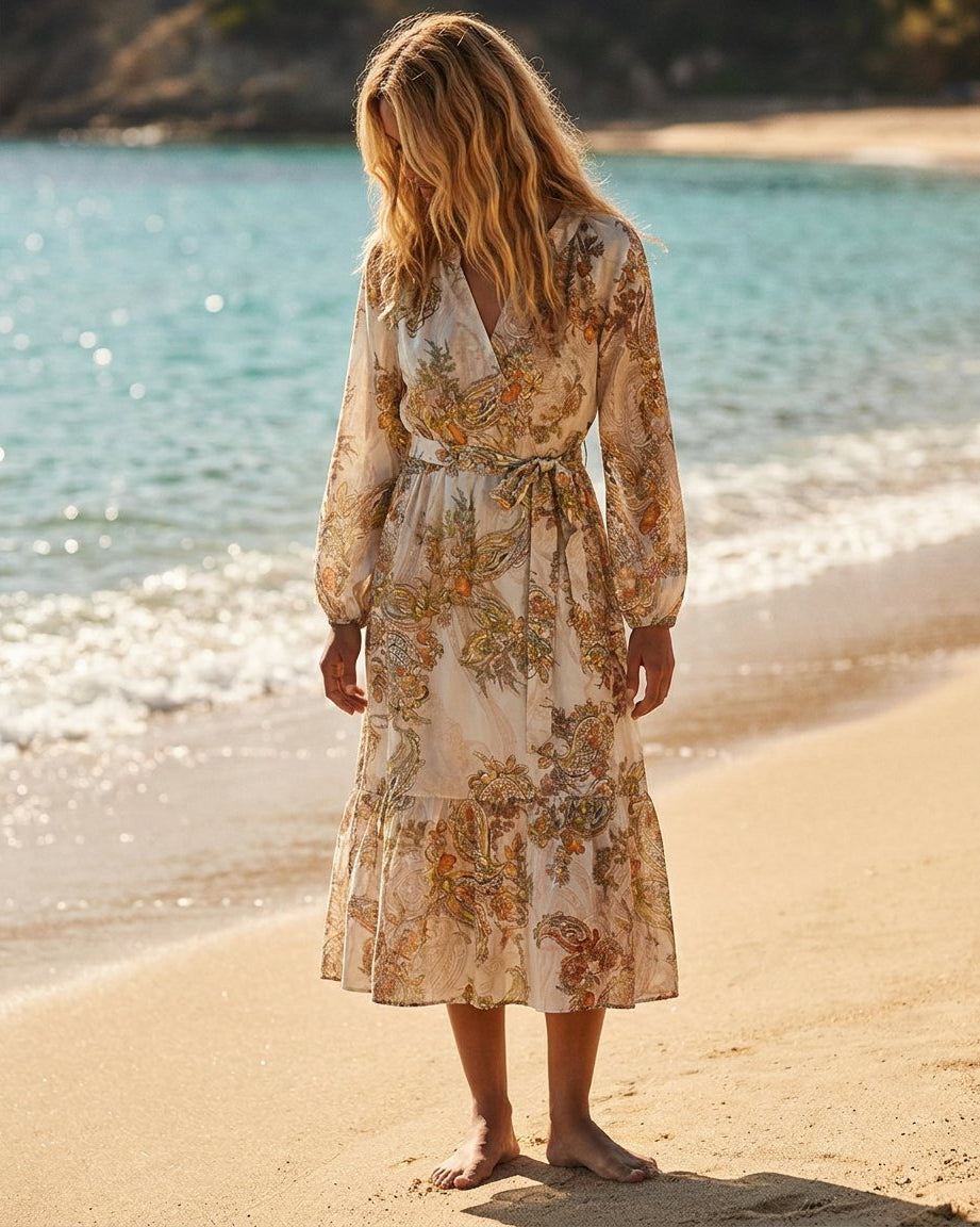 MOONDUST Moondust Paisley Dress | Blue Paisley Midi Dress with Tie Waist DRESS/JUMPSUIT 562 ORANGE