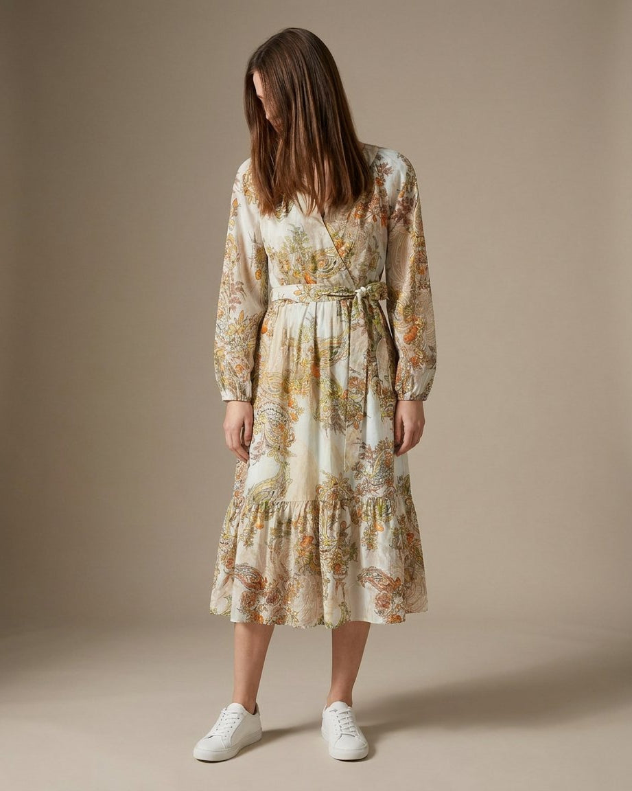 MOONDUST Moondust Paisley Dress | Blue Paisley Midi Dress with Tie Waist DRESS/JUMPSUIT 562 ORANGE
