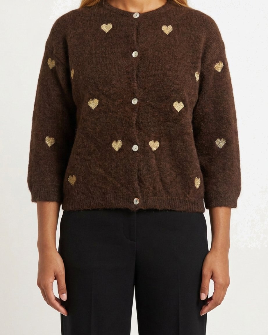 MOONDUST SMALL HEART KNIT CARDIGAN KNITWEAR 129 CHOCOLATE