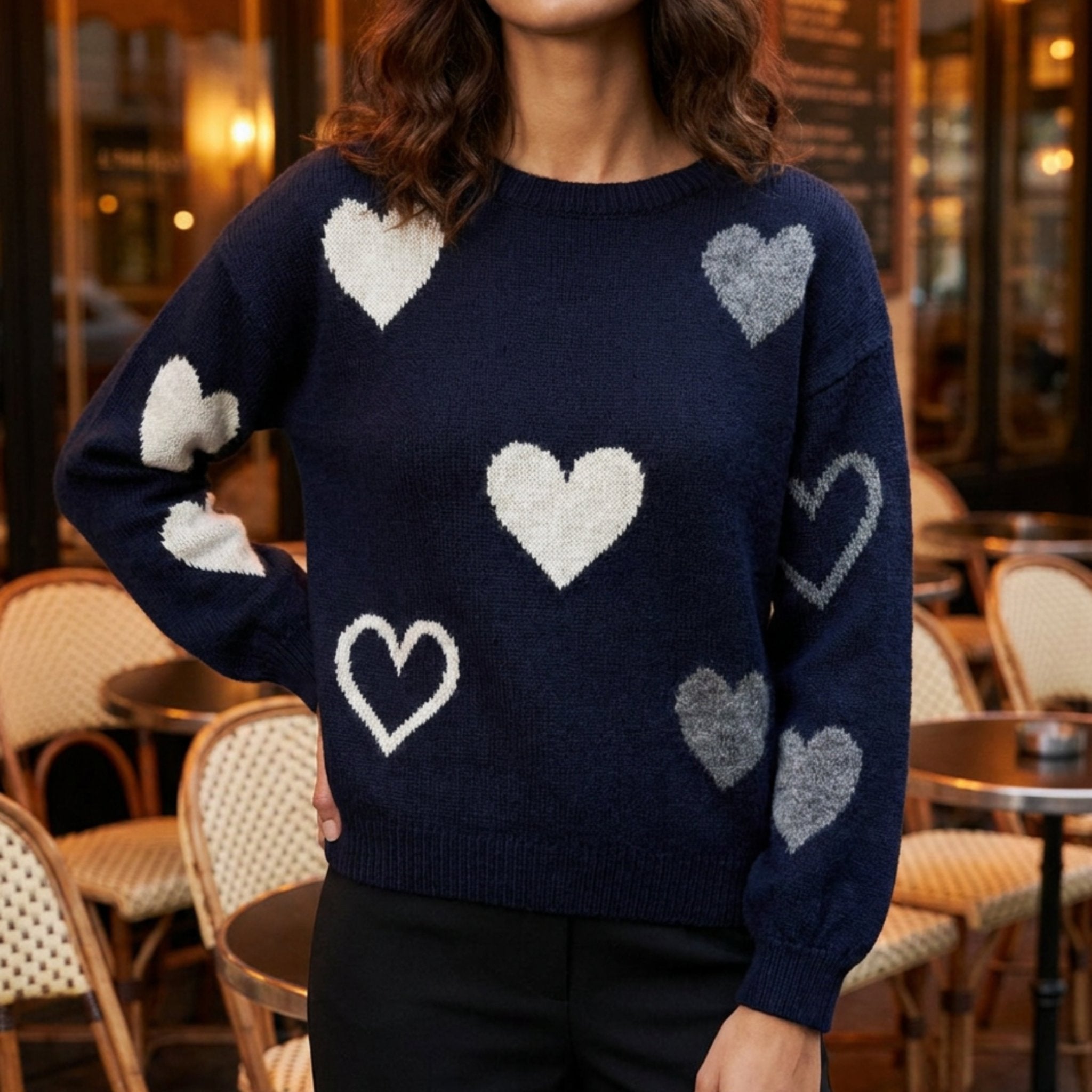 MOONDUST Moondust Heart Knit | Soft Relaxed Fit Sweater with Heart Pattern KNITWEAR 104 NAVY