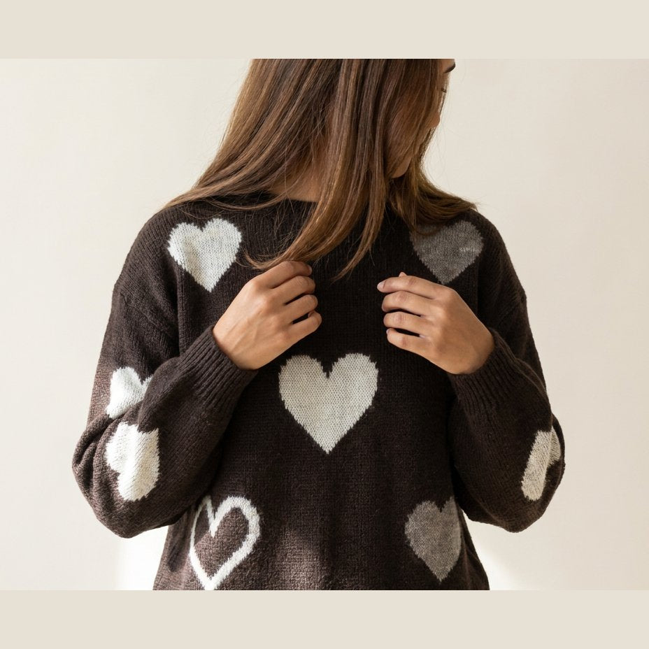 MOONDUST Moondust Heart Knit | Soft Relaxed Fit Sweater with Heart Pattern KNITWEAR 129 CHOCOLATE