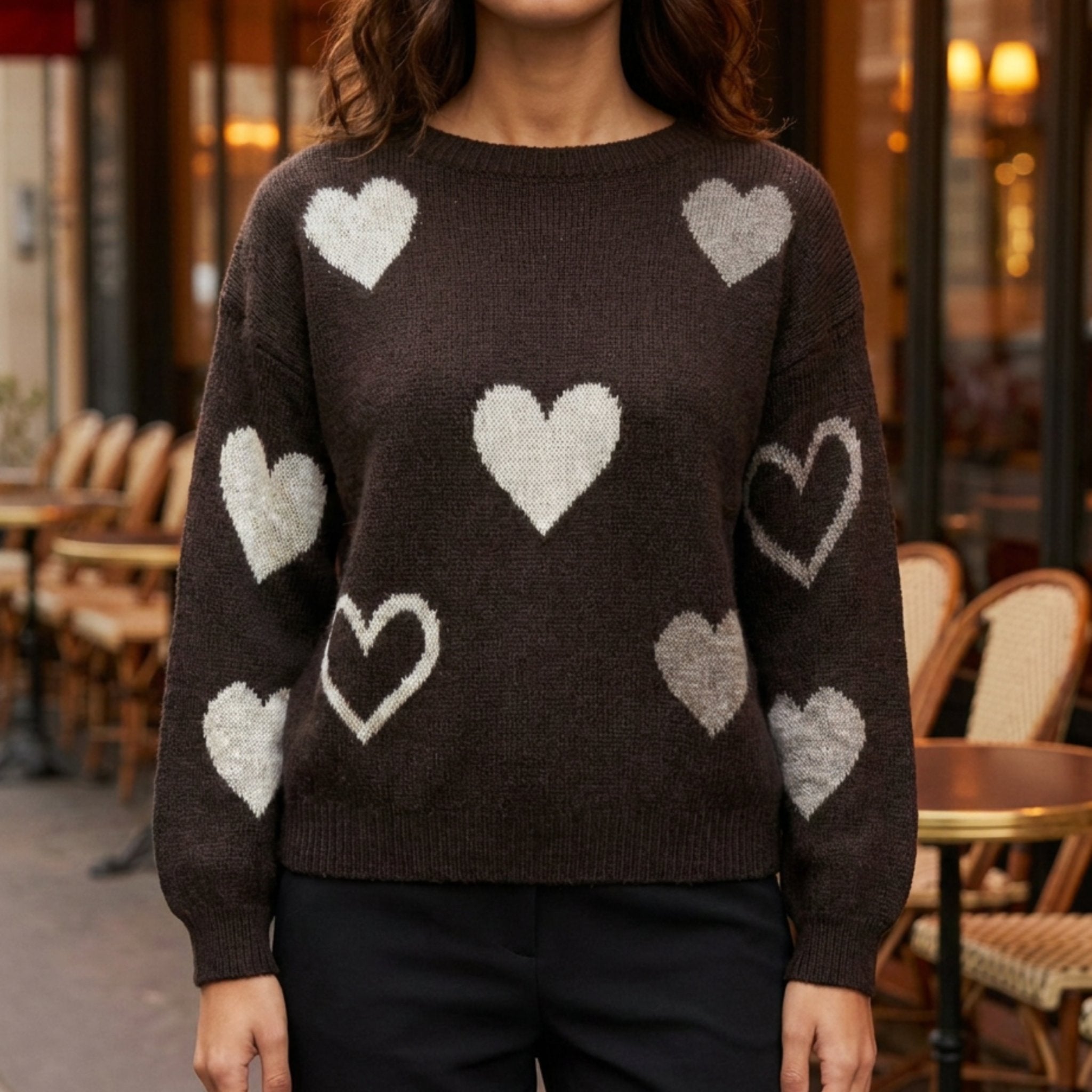 MOONDUST Moondust Heart Knit | Soft Relaxed Fit Sweater with Heart Pattern KNITWEAR 129 CHOCOLATE
