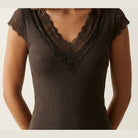 MOONDUST Moondust Lace V-Neck Cap | Feminine Lace Trim Top TOP/T-SHIRT 129 CHOCOLATE