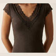 MOONDUST Moondust Lace V-Neck Cap | Feminine Lace Trim Top TOP/T-SHIRT 129 CHOCOLATE