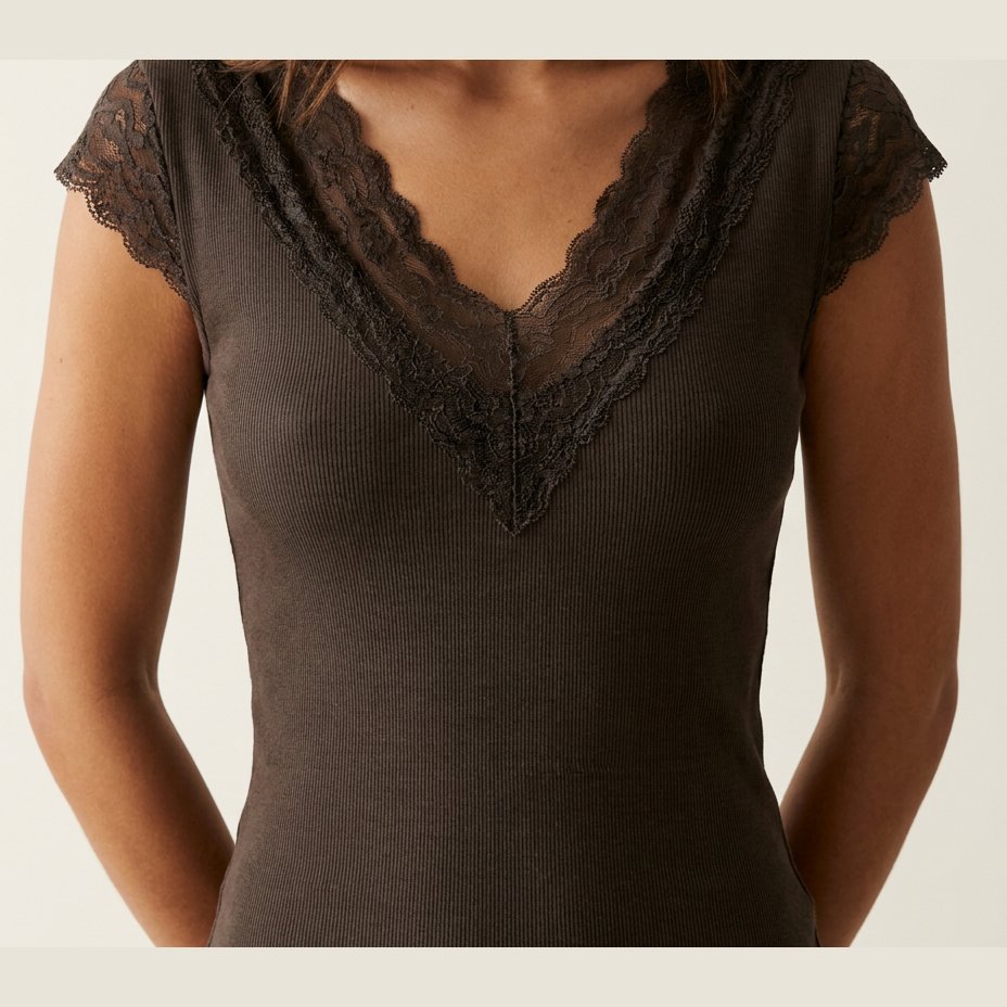 MOONDUST Moondust Lace V-Neck Cap | Feminine Lace Trim Top TOP/T-SHIRT 129 CHOCOLATE