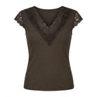 MOONDUST Moondust Lace V-Neck Cap | Feminine Lace Trim Top TOP/T-SHIRT 129 CHOCOLATE