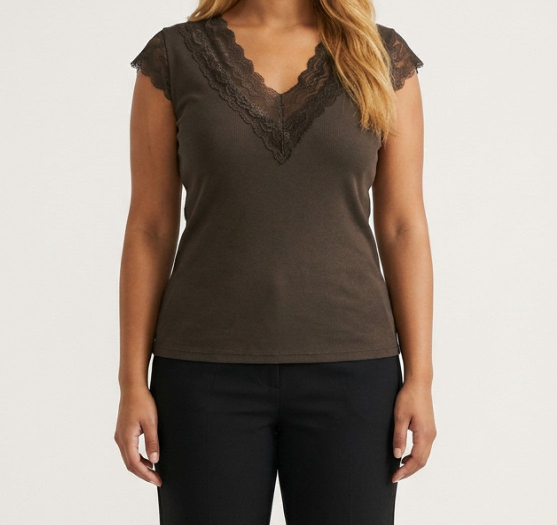 MOONDUST Moondust Lace V-Neck Cap | Feminine Lace Trim Top TOP/T-SHIRT 129 CHOCOLATE