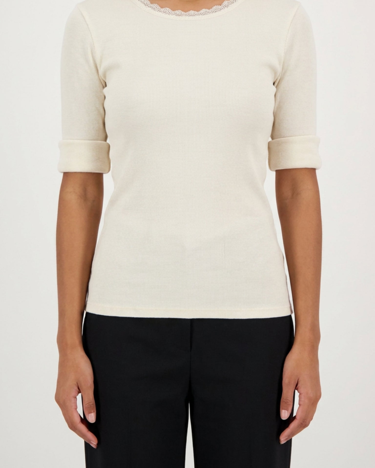 MOONDUST Moondust Lulu Rib Lace Blouse | Ribbed Top with Lace BLOUSE/SHIRT 20 OFF WHITE