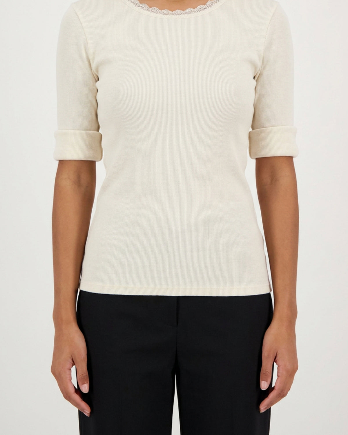 MOONDUST Moondust Lulu Rib Lace Blouse | Ribbed Top with Lace BLOUSE/SHIRT 20 OFF WHITE