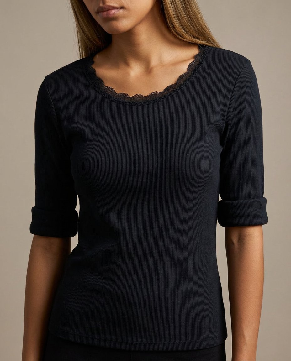 MOONDUST Moondust Lulu Rib Lace Blouse | Ribbed Top with Lace BLOUSE/SHIRT 80 BLACK