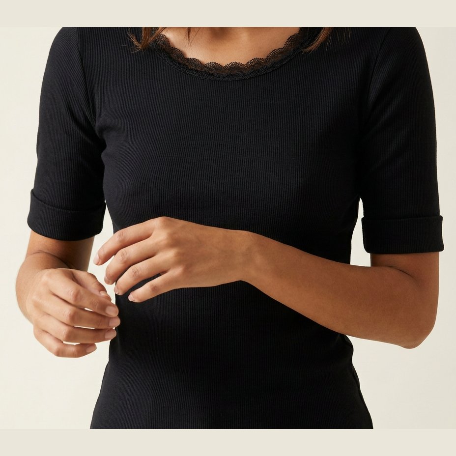 MOONDUST Moondust Lulu Rib Lace Blouse | Ribbed Top with Lace BLOUSE/SHIRT 80 BLACK