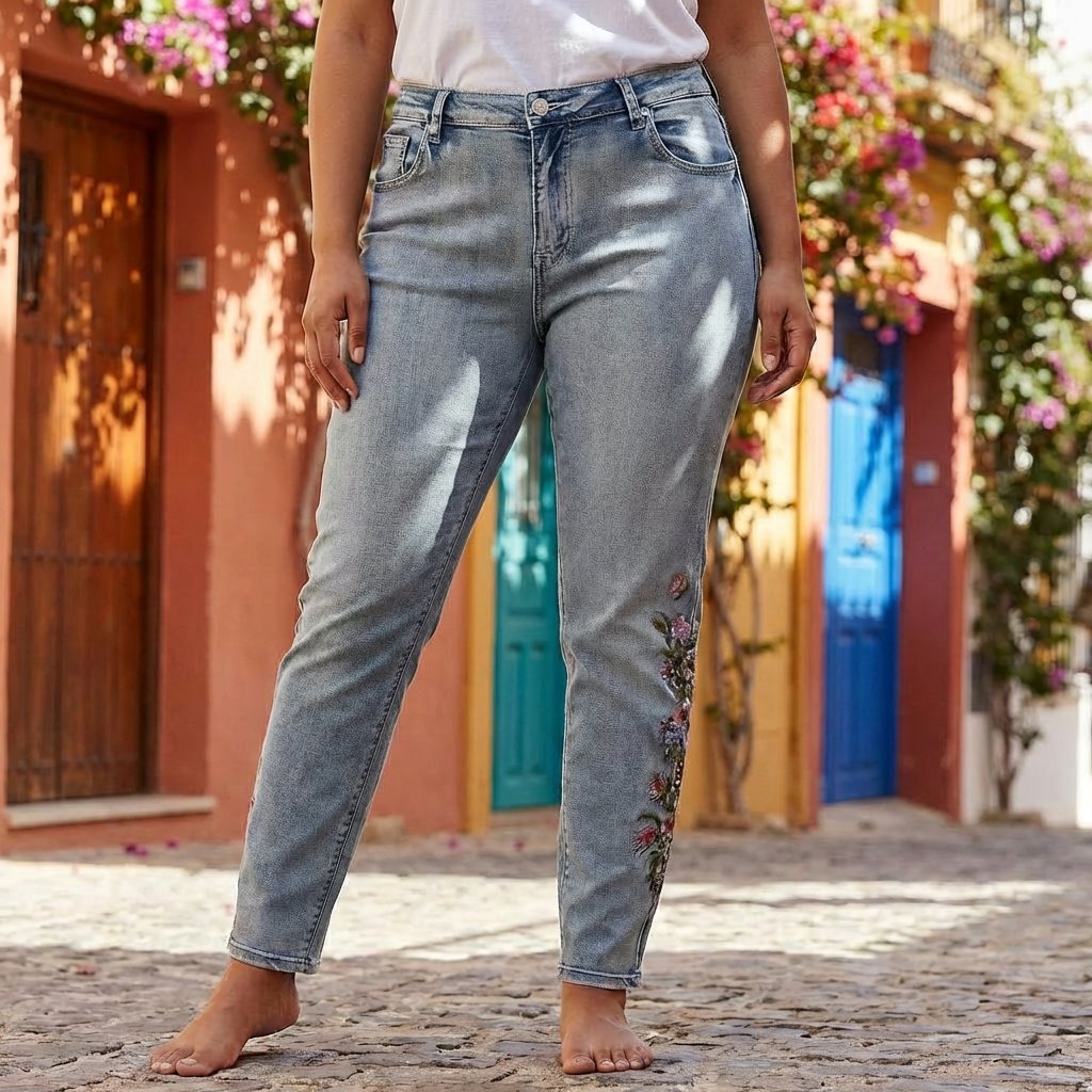 DNYcph Plus Size Tea Embroidered Jeans DENIM/TWILL 919699 BENNETON LIGHT BLUE