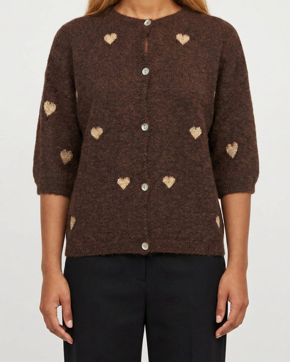 MOONDUST SMALL HEART KNIT CARDIGAN KNITWEAR 129 CHOCOLATE